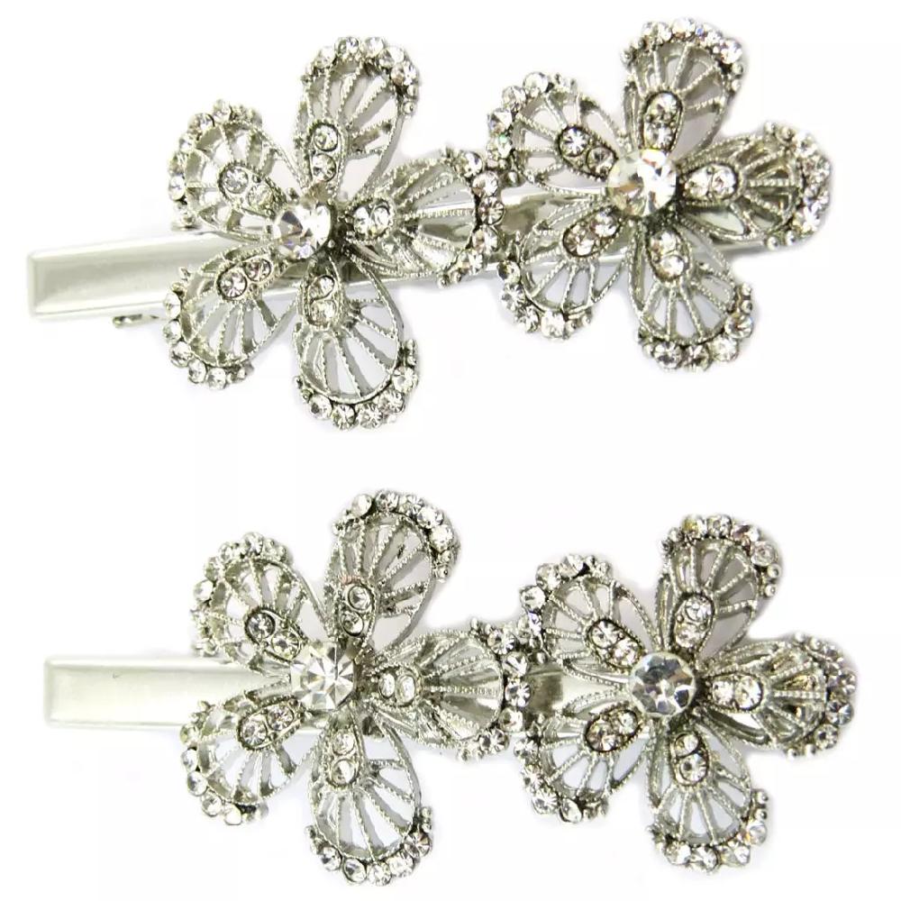 les trésors de lily 2 barrettes / pinces pélican 'Sissi' blanc argenté (fleurs) 60x30 mm [P6273]