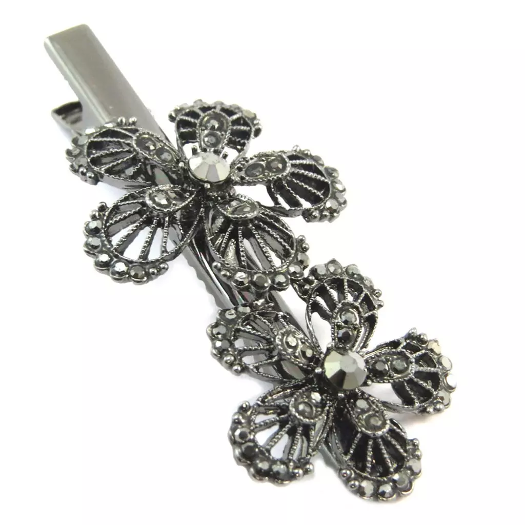 Les Trésors De Lily 2 Barrettes / Pinces Pélican 'Sissi' Gris (fleurs) 60x30 Mm [P6274]