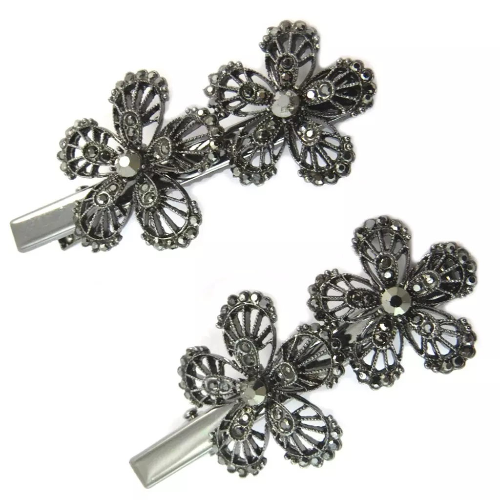 les trésors de lily 2 barrettes / pinces pélican 'Sissi' gris (fleurs) 60x30 mm [P6274]
