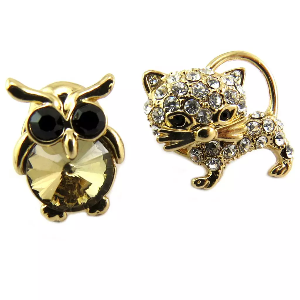 les trésors de lily 2 broches pin's 'Chouette & Chat' doré chat 20x20 mm chouette 18x12 mm [P8130]