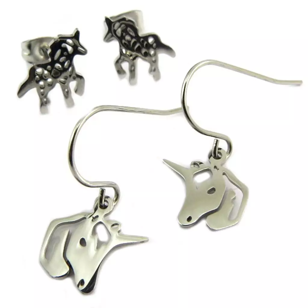 Les Trésors De Lily 2 Paires De Boucles Acier 'Licorne My Unicorn' Argenté 10x10 Mm Et 11x10 Mm [P8073]