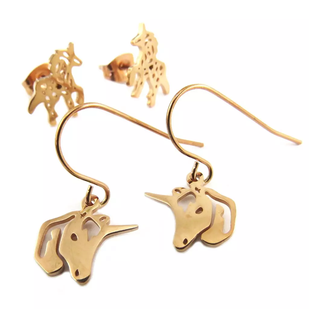 les trésors de lily 2 paires de boucles Acier 'Licorne My Unicorn' doré rosé 10x10 mm et 11x10 mm [P8074]