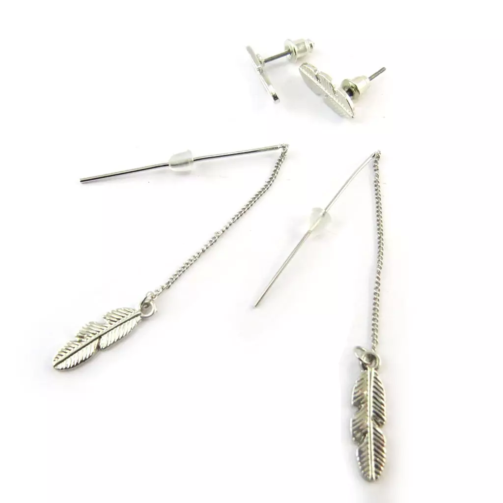 les trésors de lily 2 paires de boucles 'Navajos' argenté (plumes) [N3640]