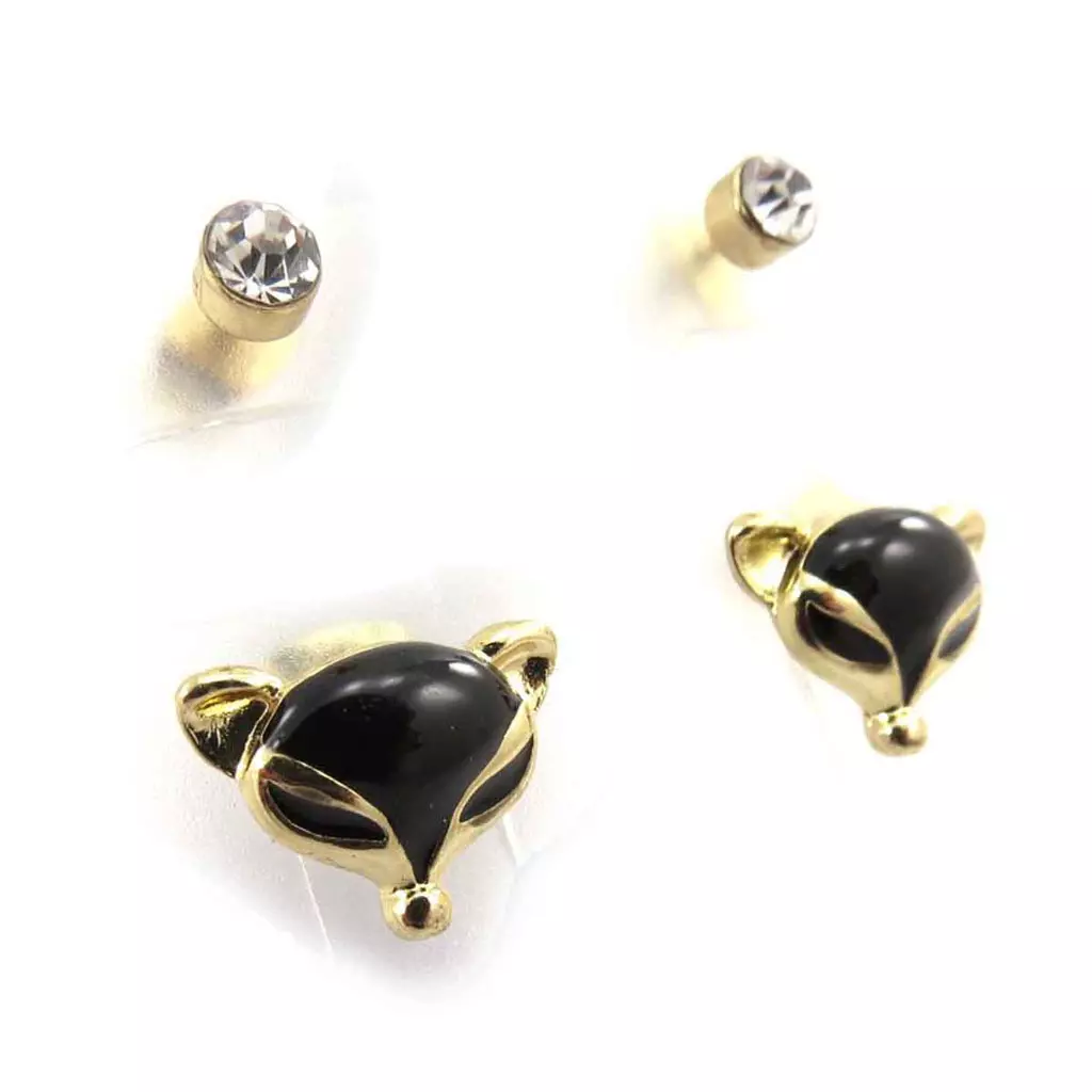 les trésors de lily 2 paires de boucles 'Renard' noir doré [J8193]