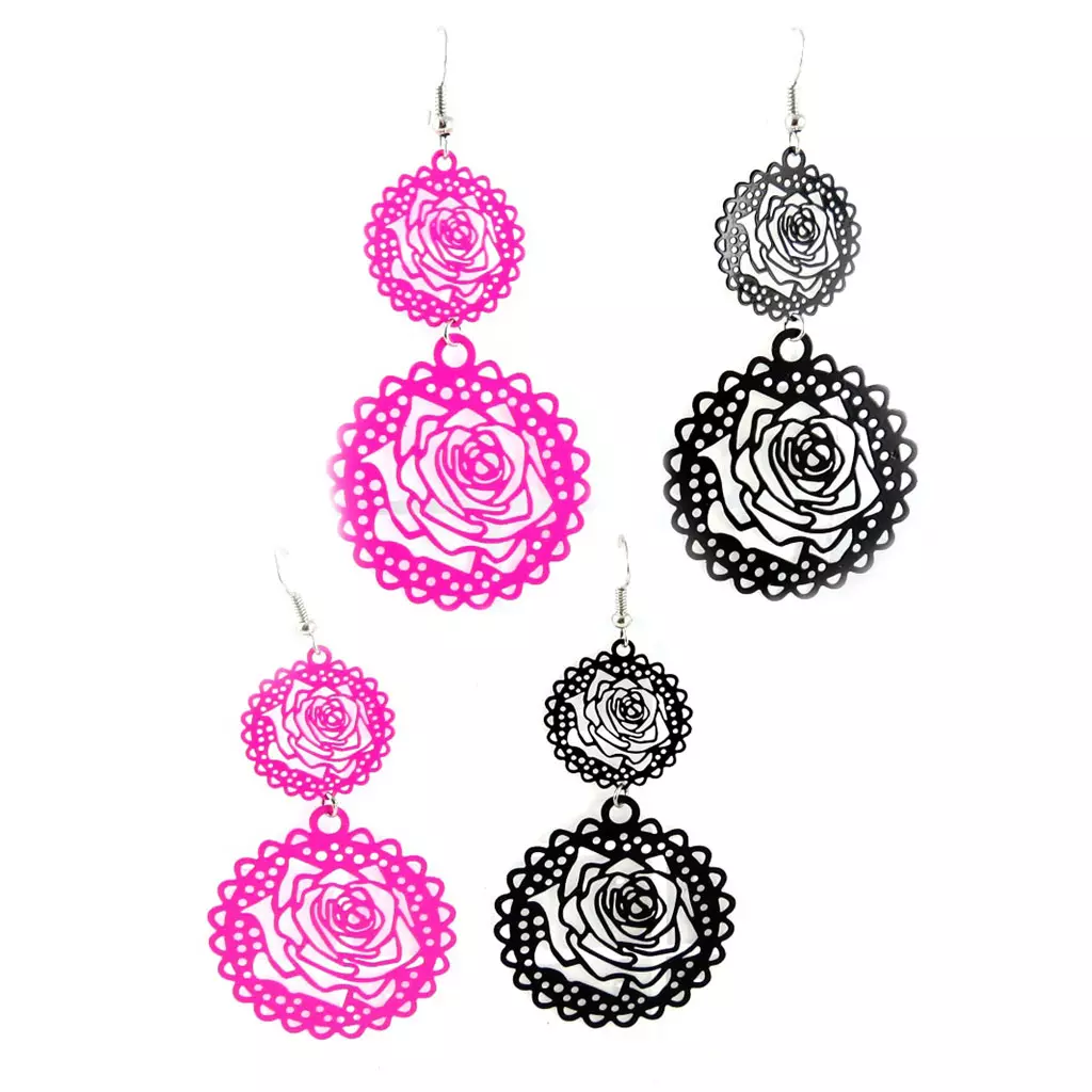 Les Trésors De Lily 2 Paires De Boucles 'Rosa Romantica' Rose Noir [L0601]