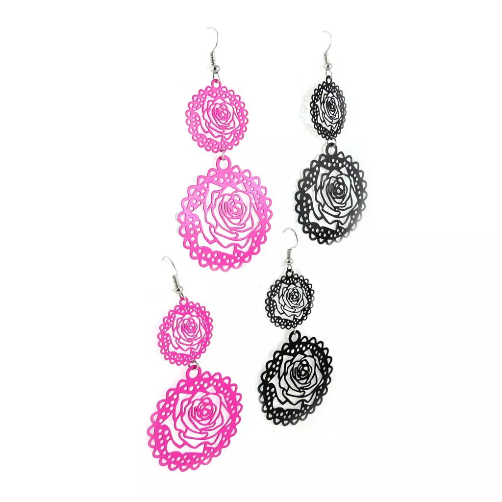 Les Trésors De Lily 2 Paires De Boucles 'Rosa Romantica' Rose Noir [L0601]