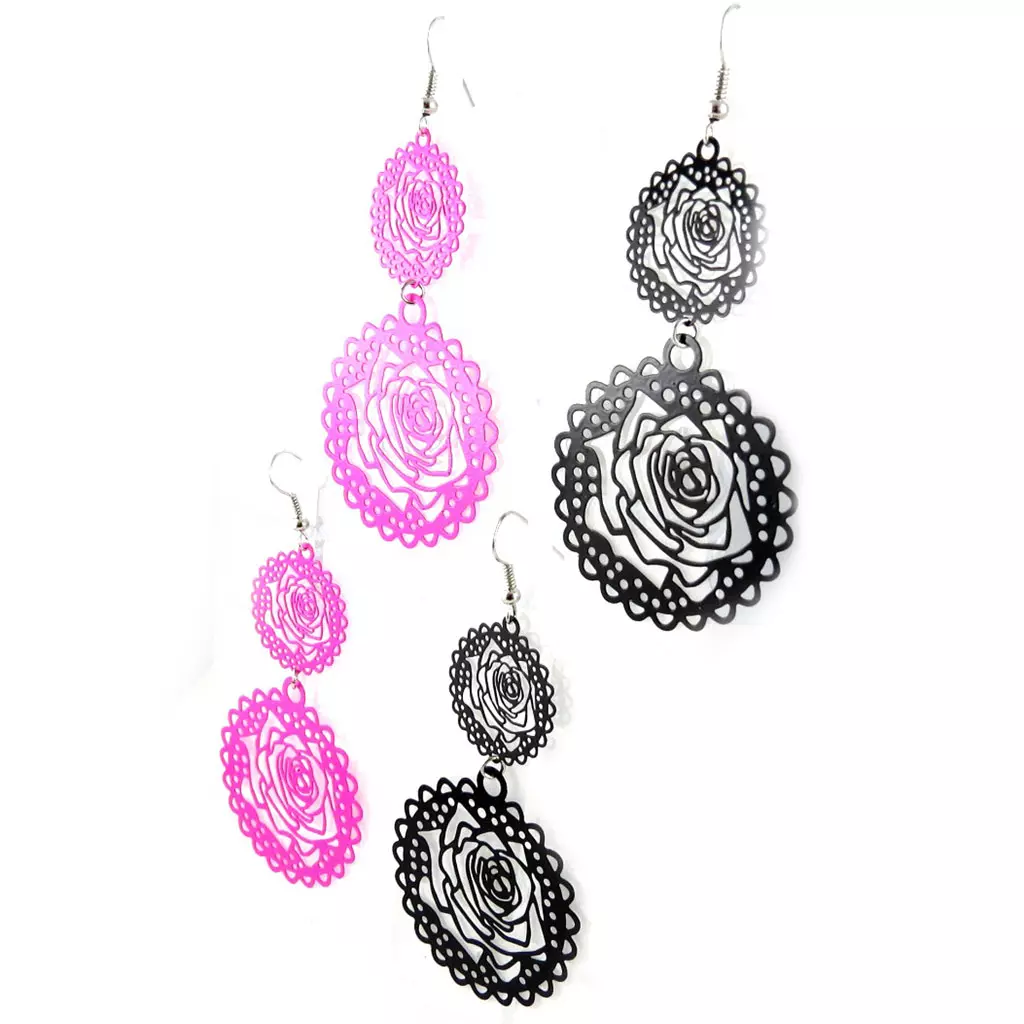 Les Trésors De Lily 2 Paires De Boucles 'Rosa Romantica' Rose Noir [L0601]