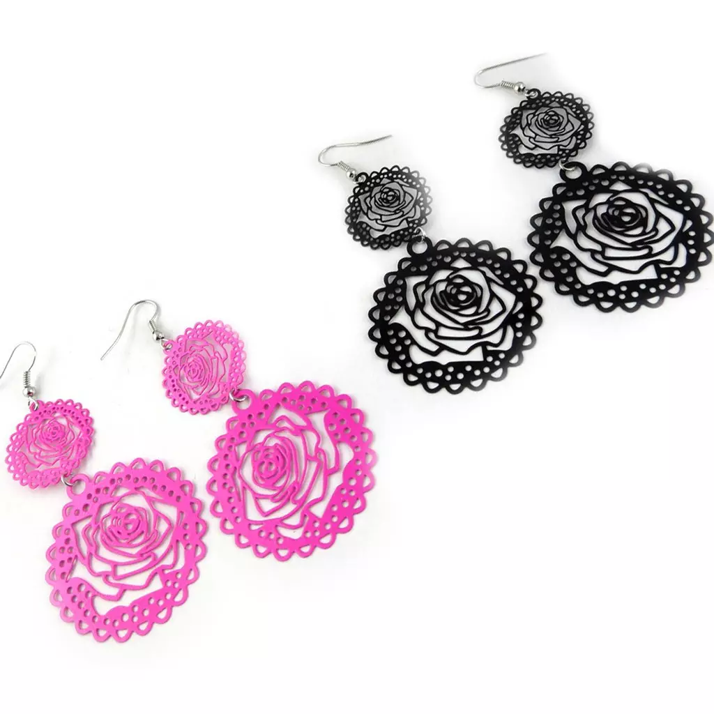les trésors de lily 2 paires de boucles 'Rosa Romantica' rose noir [L0601]