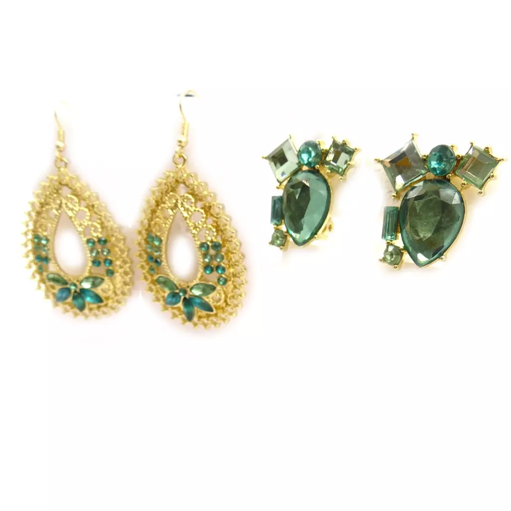 Les Trésors De Lily 2 Paires De Boucles 'Scarlett' Vert Doré [K7270]