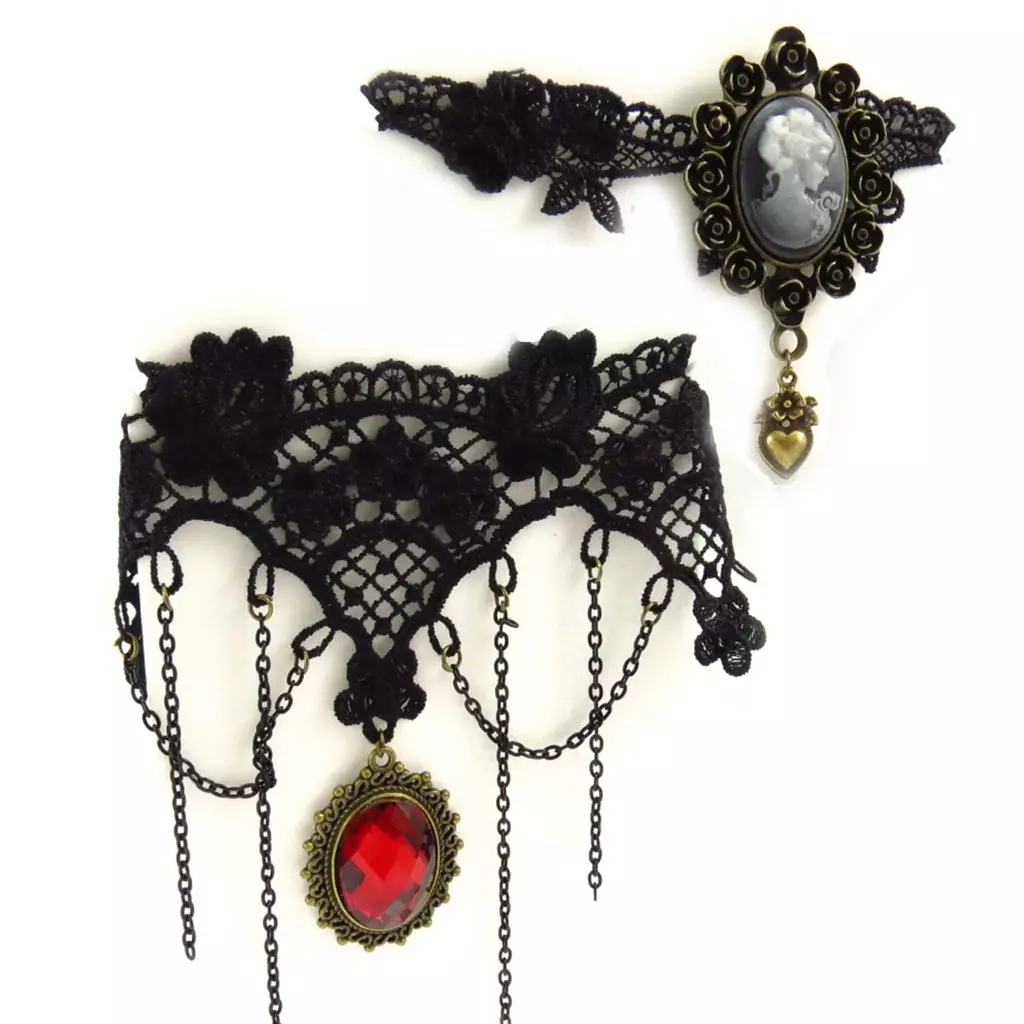Les Trésors De Lily 2 Ras De Cou Créateur 'Courtisanes' Rouge Noir (dentelle) [K6576]