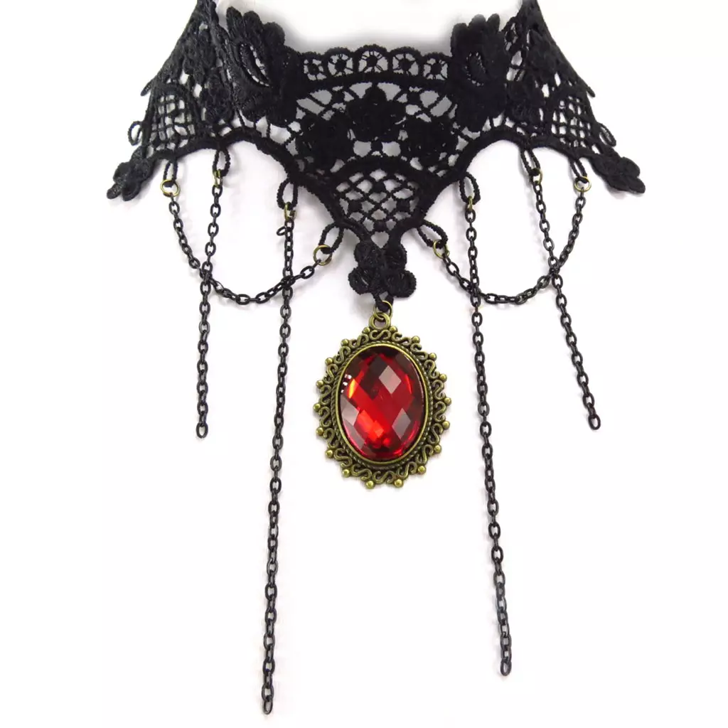 Les Trésors De Lily 2 Ras De Cou Créateur 'Courtisanes' Rouge Noir (dentelle) [K6576]