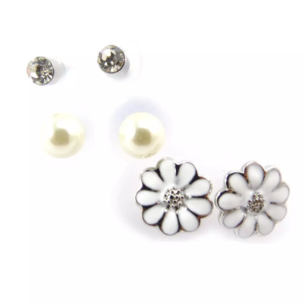 les trésors de lily 3 paires de boucles 'Flora' blanc ivoire [K0288]
