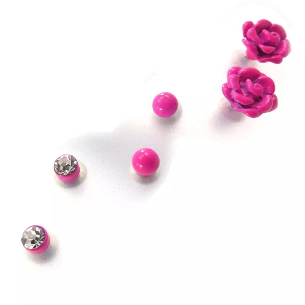 Les Trésors De Lily 3 Paires De Boucles 'Rosa Romantica' Fuschia [J7842]
