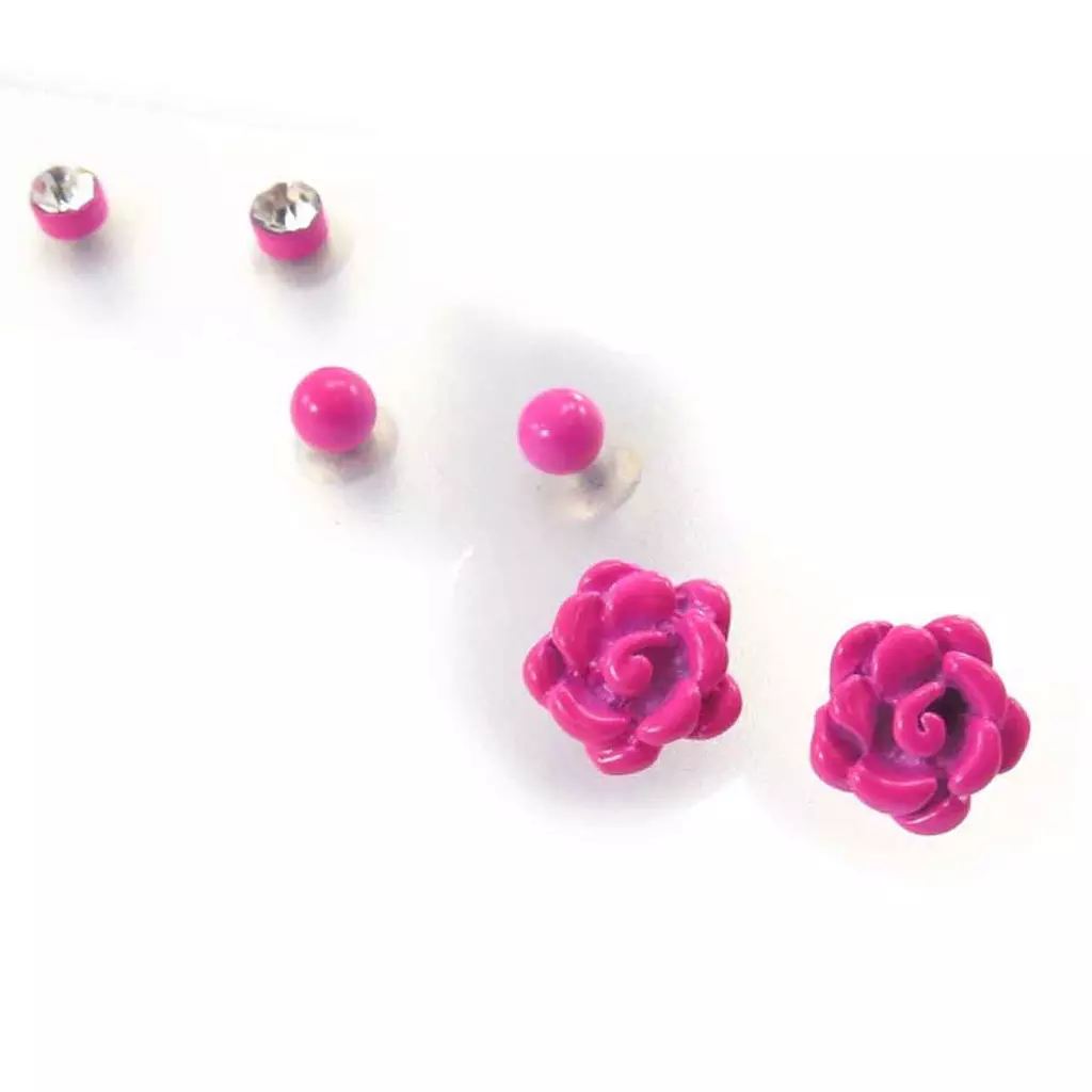 Les Trésors De Lily 3 Paires De Boucles 'Rosa Romantica' Fuschia [J7842]
