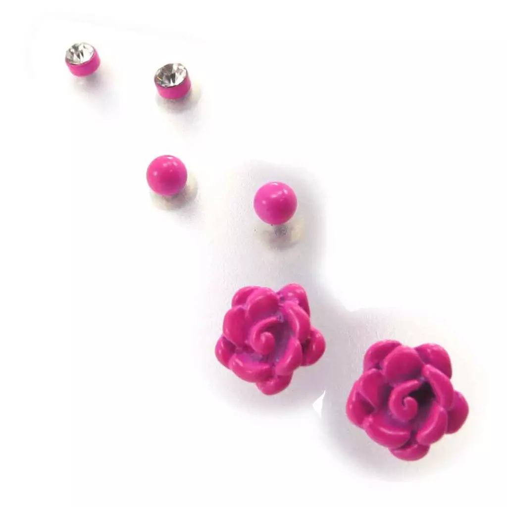 les trésors de lily 3 paires de boucles 'Rosa Romantica' fuschia [J7842]