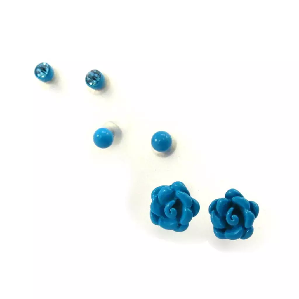 Les Trésors De Lily 3 Paires De Boucles 'Rosa Romantica' Turquoise [J7183]