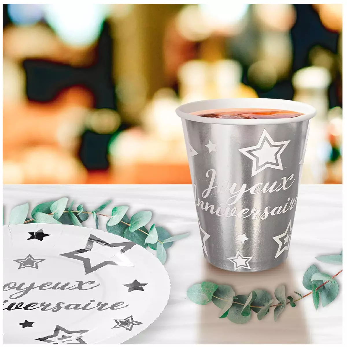 les trésors de lily 6 gobelets carton 'Joyeux Anniversaire' argenté 85x75 mm (25 cl) [A2850]