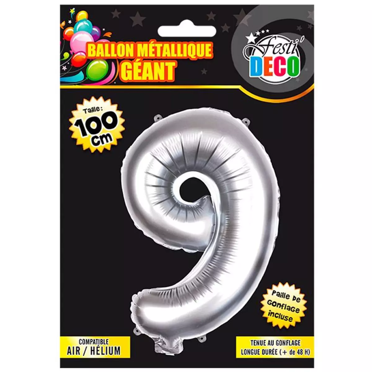 les trésors de lily Ballon métallique 'Chiffre 9' argenté 1 m [Q4535]
