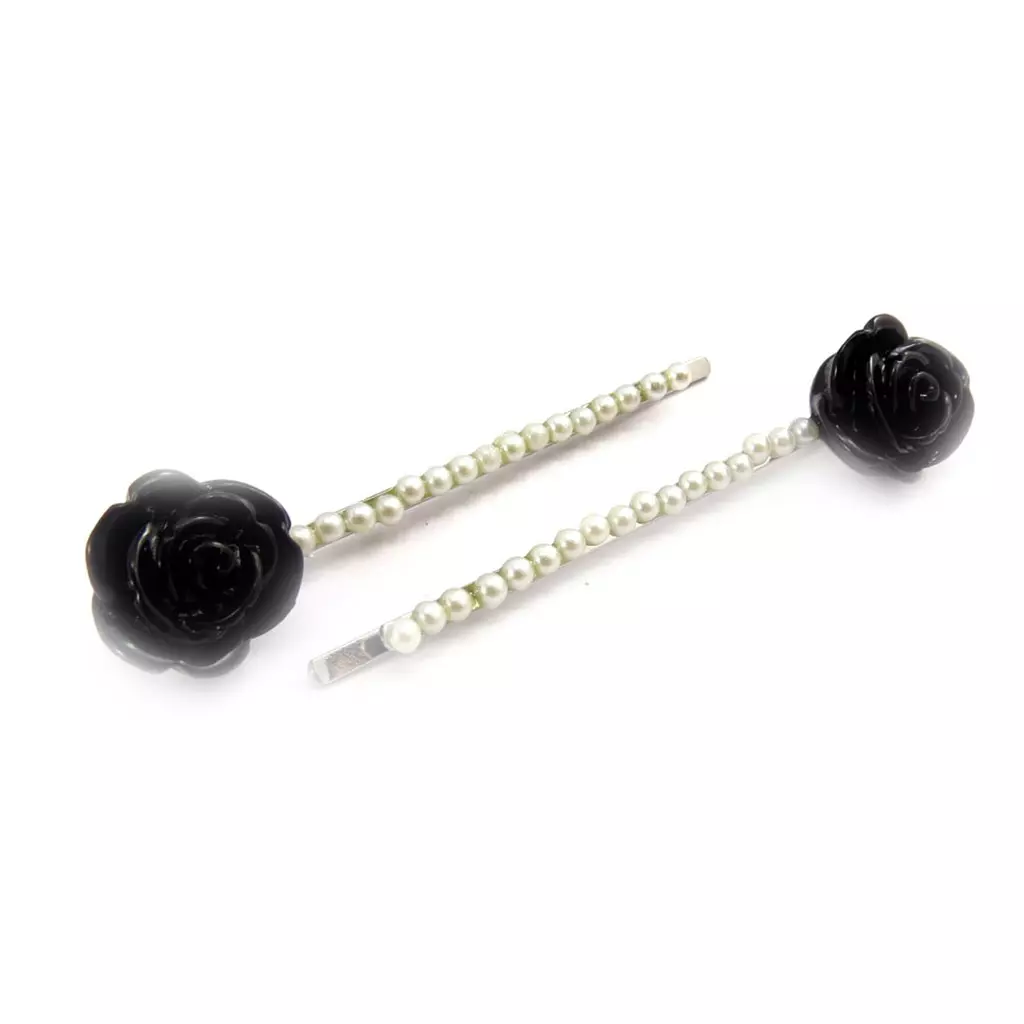 les trésors de lily Barrettes créateur 'Rosa Romantica' noir 60x14 mm (perles) [K0699]