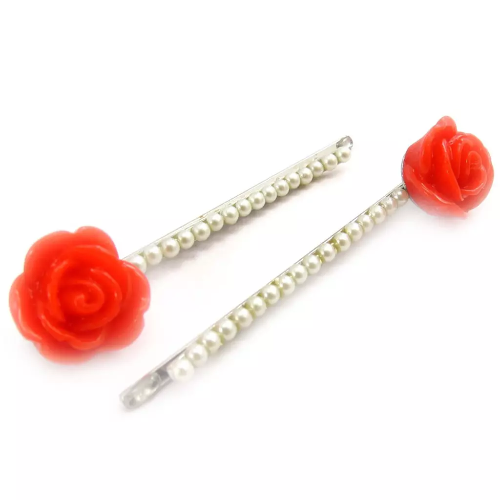 les trésors de lily Barrettes créateur 'Rosa Romantica' rouge 60x14 mm (perles) [K0697]