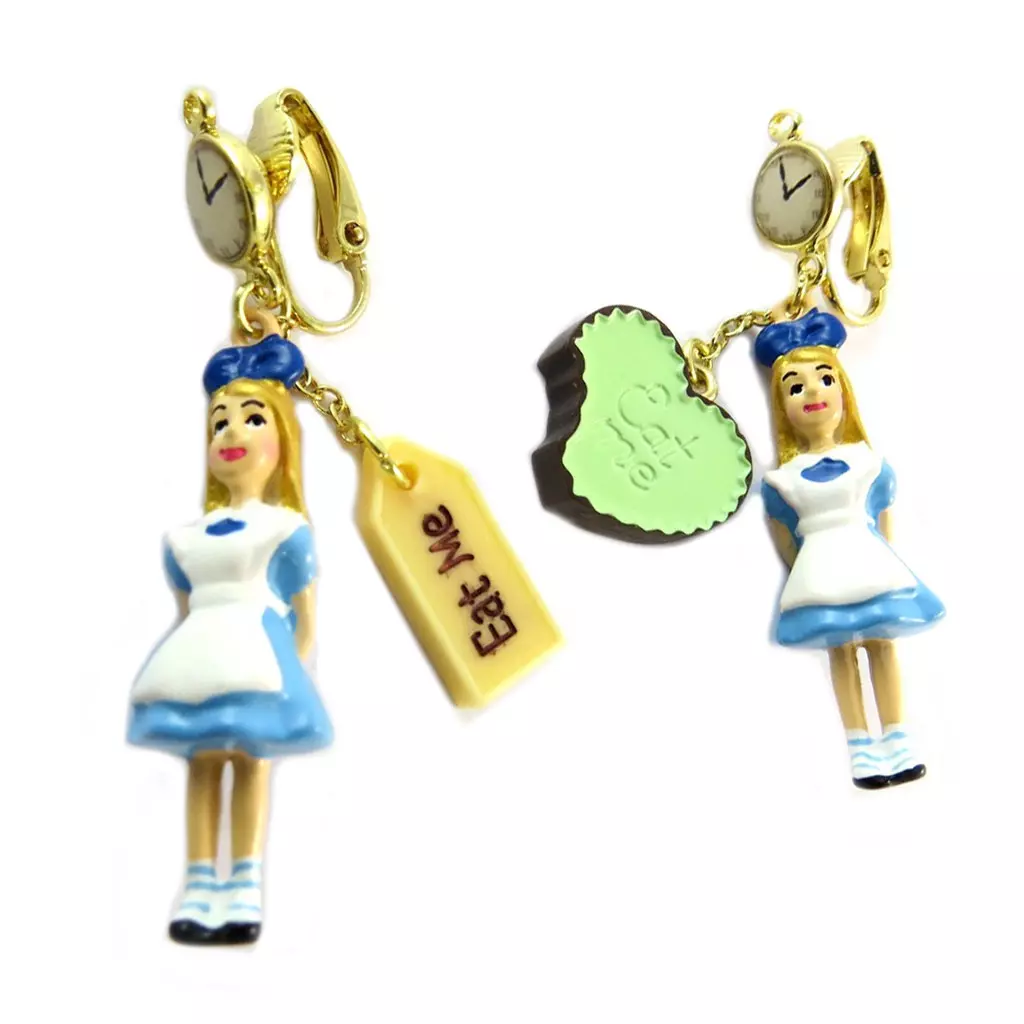 Les Trésors De Lily Boucles D'oreilles Clips Artisanales 'Monde Merveilleux' (Alice) Bleu Blanc Doré 55x10 Mm [P2049]