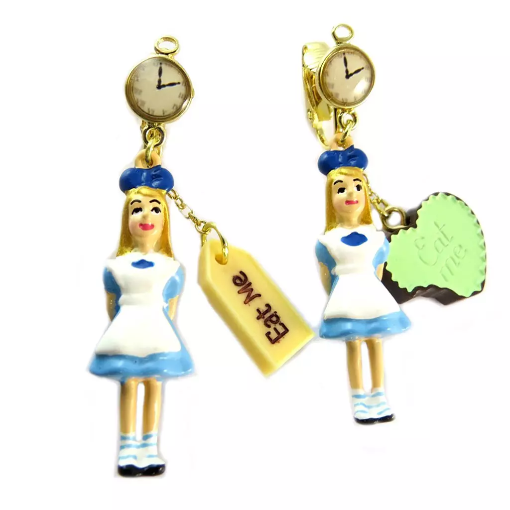 Les Trésors De Lily Boucles D'oreilles Clips Artisanales 'Monde Merveilleux' (Alice) Bleu Blanc Doré 55x10 Mm [P2049]