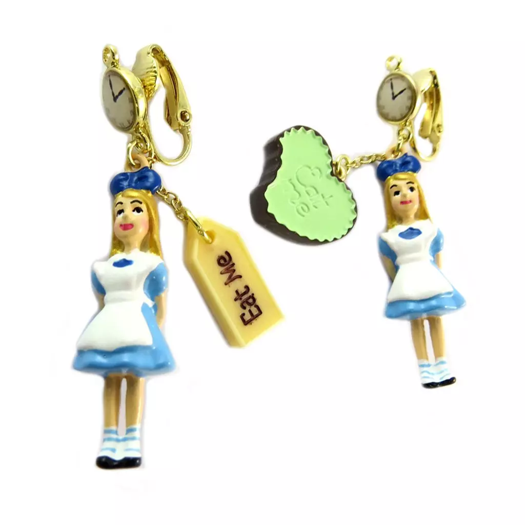 Les Trésors De Lily Boucles D'oreilles Clips Artisanales 'Monde Merveilleux' (Alice) Bleu Blanc Doré 55x10 Mm [P2049]