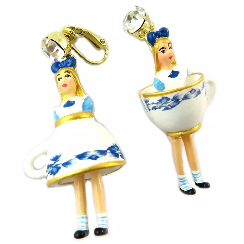 Les Trésors De Lily Boucles D'oreilles Clips Artisanales 'Monde Merveilleux' (Alice) Bleu Blanc Doré 60x25 Mm [P2042]