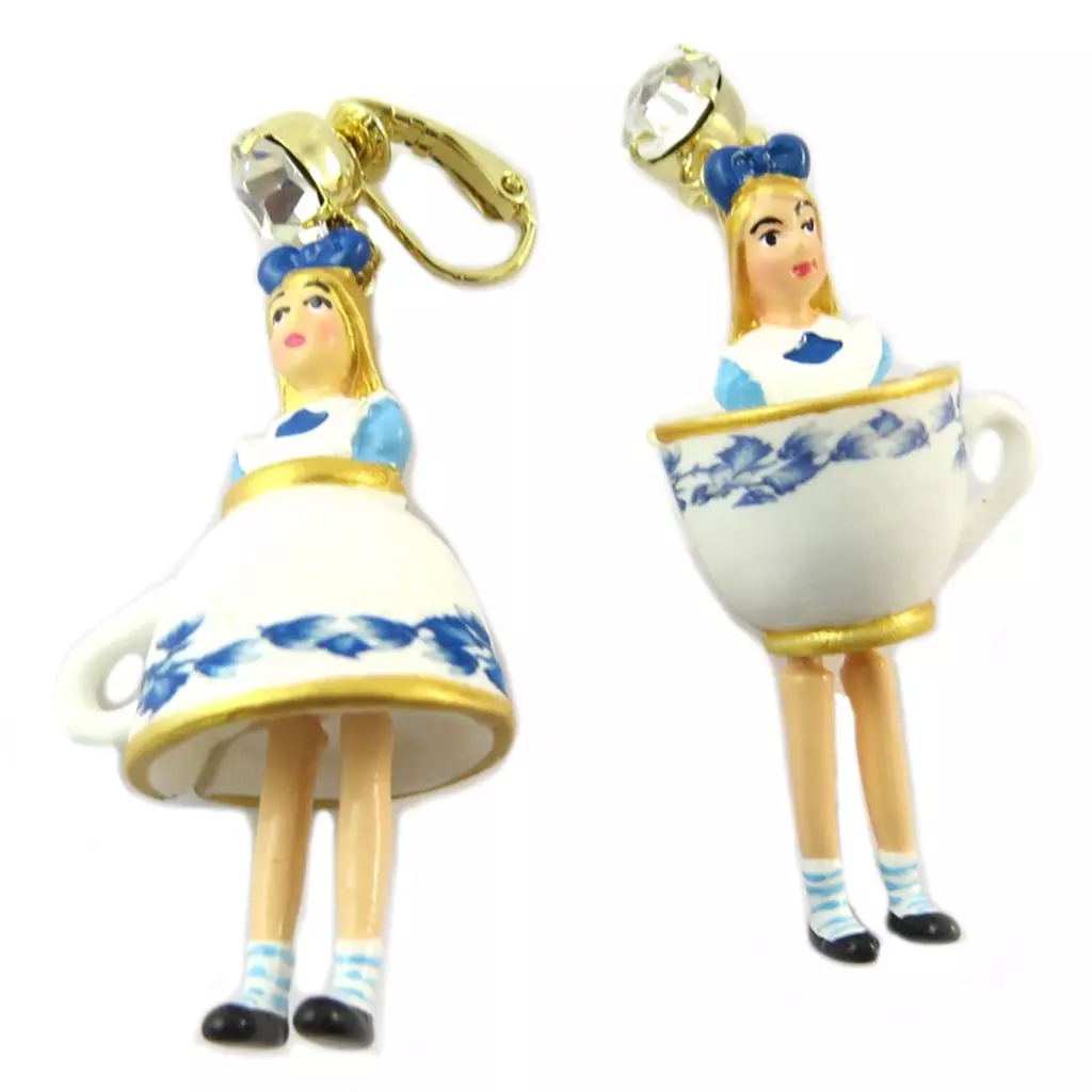 Les Trésors De Lily Boucles D'oreilles Clips Artisanales 'Monde Merveilleux' (Alice) Bleu Blanc Doré 60x25 Mm [P2042]