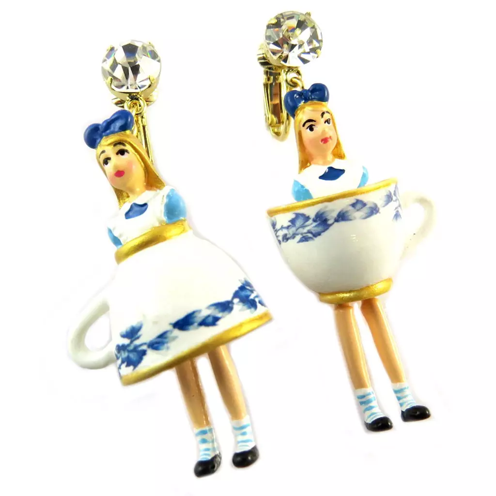 Les Trésors De Lily Boucles D'oreilles Clips Artisanales 'Monde Merveilleux' (Alice) Bleu Blanc Doré 60x25 Mm [P2042]