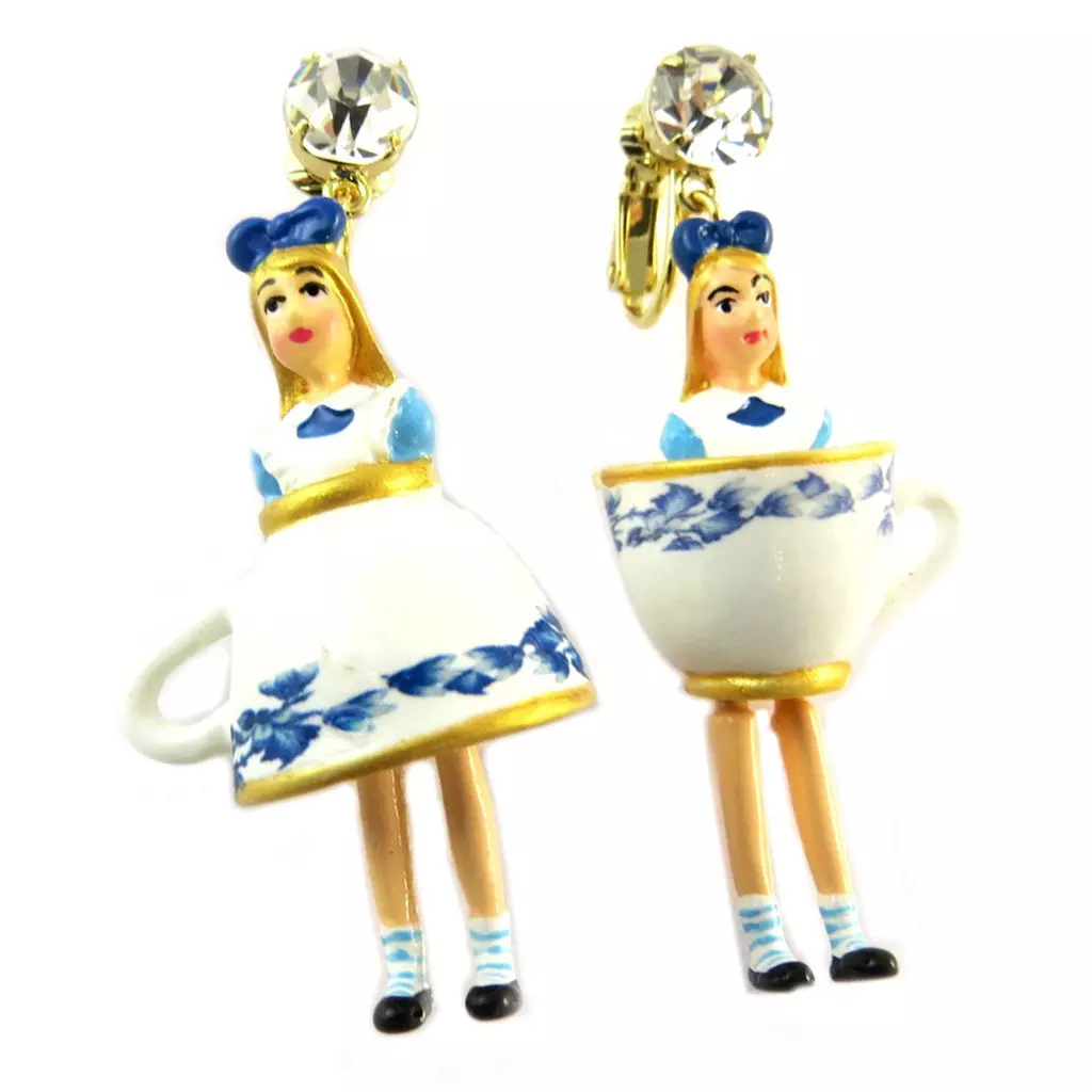 les trésors de lily Boucles d'oreilles clips artisanales 'Monde Merveilleux' (Alice) bleu blanc doré 60x25 mm [P2042]