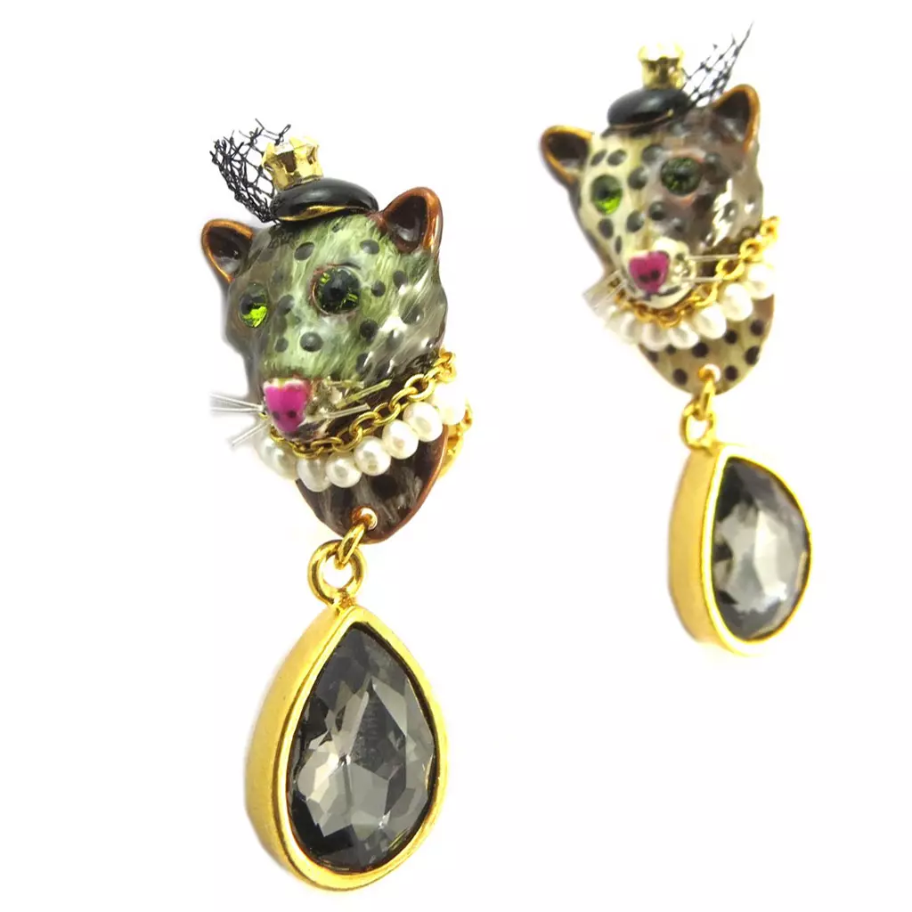 les trésors de lily Boucles d'oreilles clips artisanales 'Monde Merveilleux' (Miss Léopard) marron doré 45x15 mm [P2037]