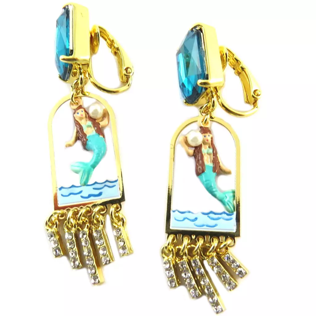 Les Trésors De Lily Boucles D'oreilles Clips Artisanales 'Monde Merveilleux' (Sirène) Turquoise Doré 58x13 Mm [P2010]