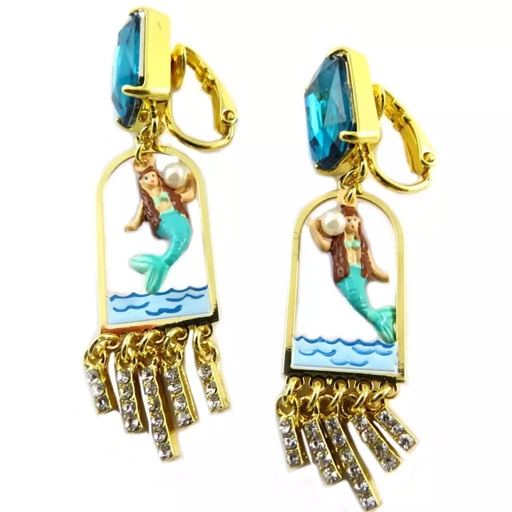 Les Trésors De Lily Boucles D'oreilles Clips Artisanales 'Monde Merveilleux' (Sirène) Turquoise Doré 58x13 Mm [P2010]