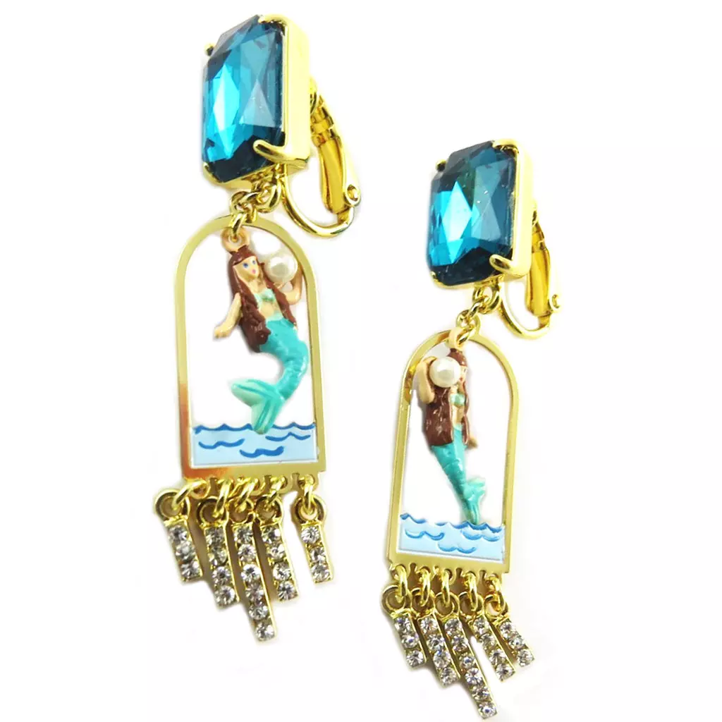 Les Trésors De Lily Boucles D'oreilles Clips Artisanales 'Monde Merveilleux' (Sirène) Turquoise Doré 58x13 Mm [P2010]