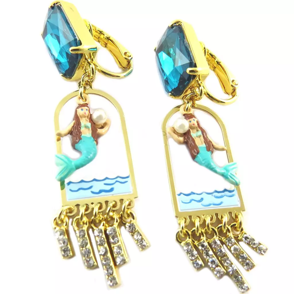 les trésors de lily Boucles d'oreilles clips artisanales 'Monde Merveilleux' (Sirène) turquoise doré 58x13 mm [P2010]