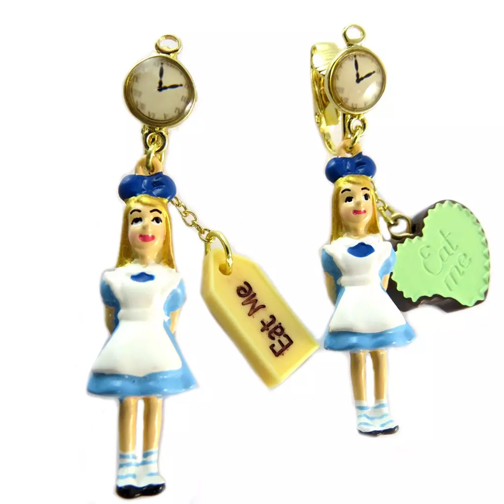 les trésors de lily Boucles d'oreilles clips artisanales 'Monde Merveilleux' (Alice) bleu blanc doré 55x10 mm [P2049]