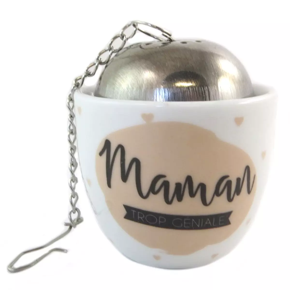 les trésors de lily Boule à thé et support 'Maman Trop Géniale' beige blanc [Q0332]