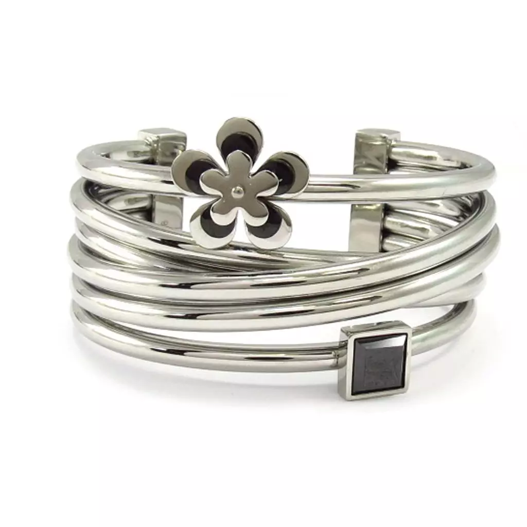 Les Trésors De Lily Bracelet Acier 'Calypso' Noir Argenté (fleur) [K6008]