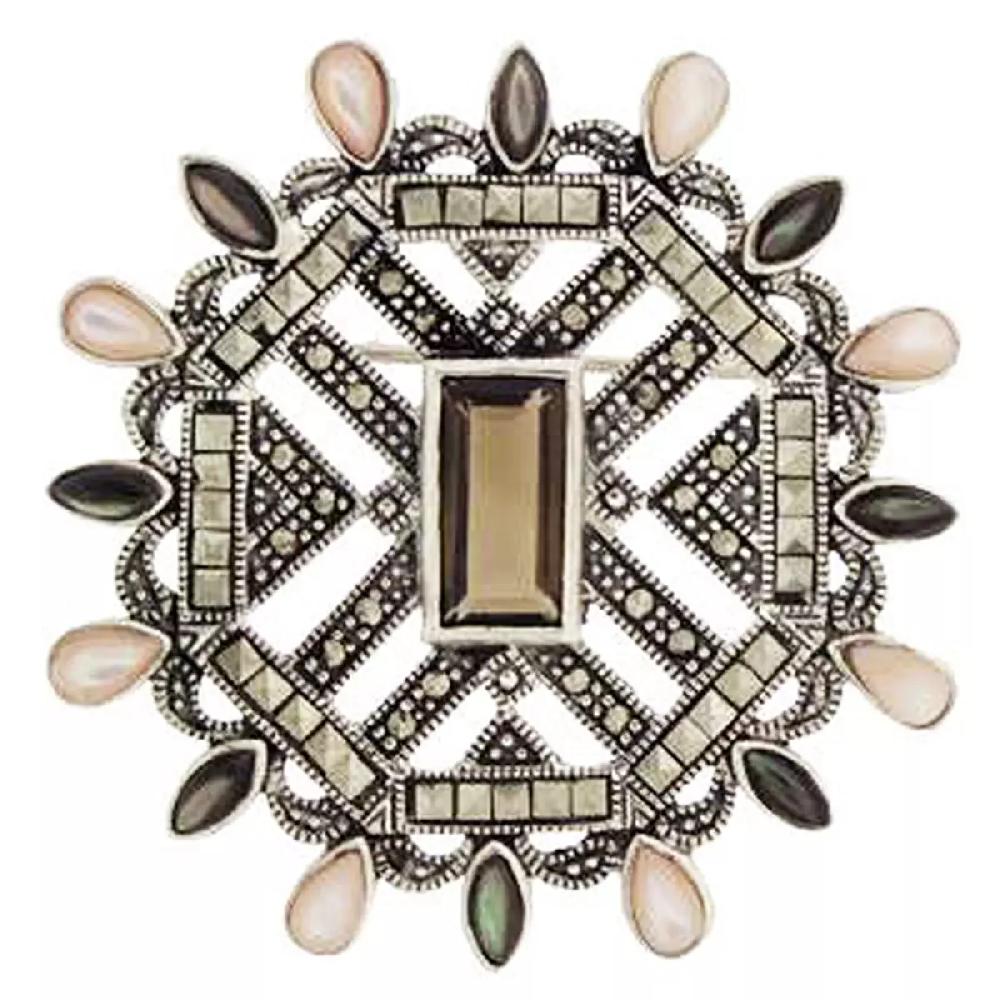 Les Trésors De Lily Broche Argent Artisanale 'Sappho' Nacre Marcassite Argenté Vieilli 45x45 Mm [R5668]