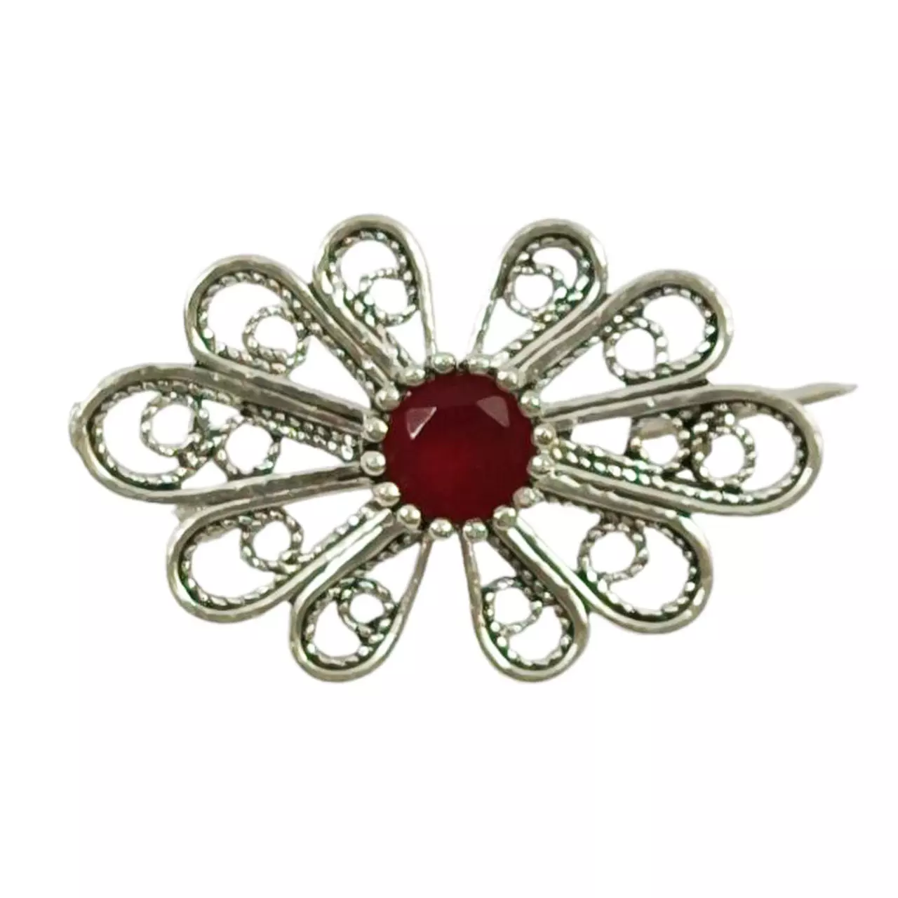 les trésors de lily Broche Argent artisanale 'Sappho' rouge argenté vieilli 25x15 mm [R9492]