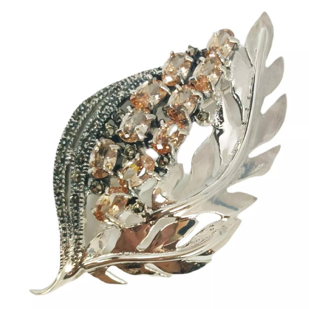 les trésors de lily Broche Argent 'Sappho' ambre marcassite argenté 65x30 mm (fleurs) [S0548]