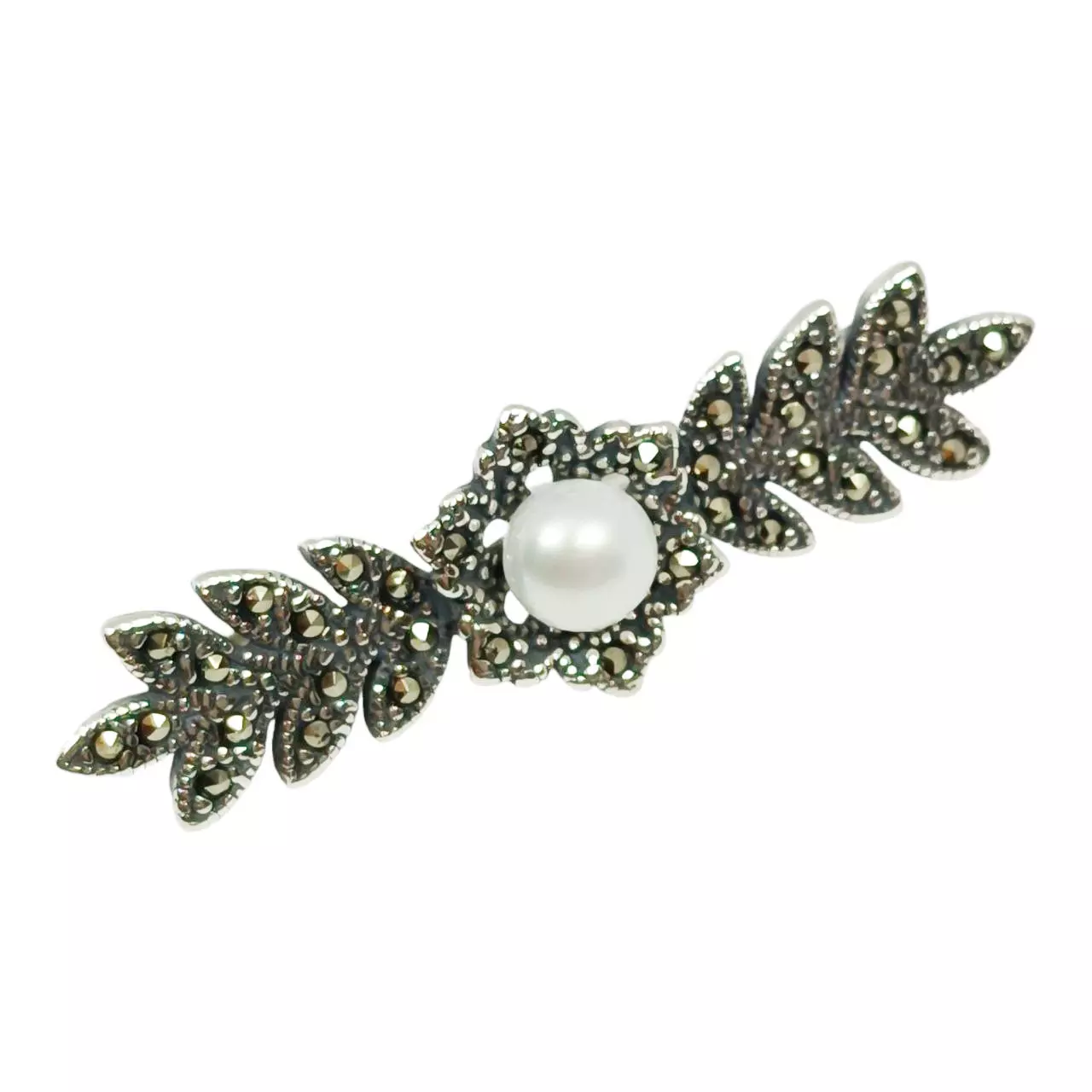 les trésors de lily Broche Argent 'Sappho' blanc gris marcassite 45x10 mm [R9557]