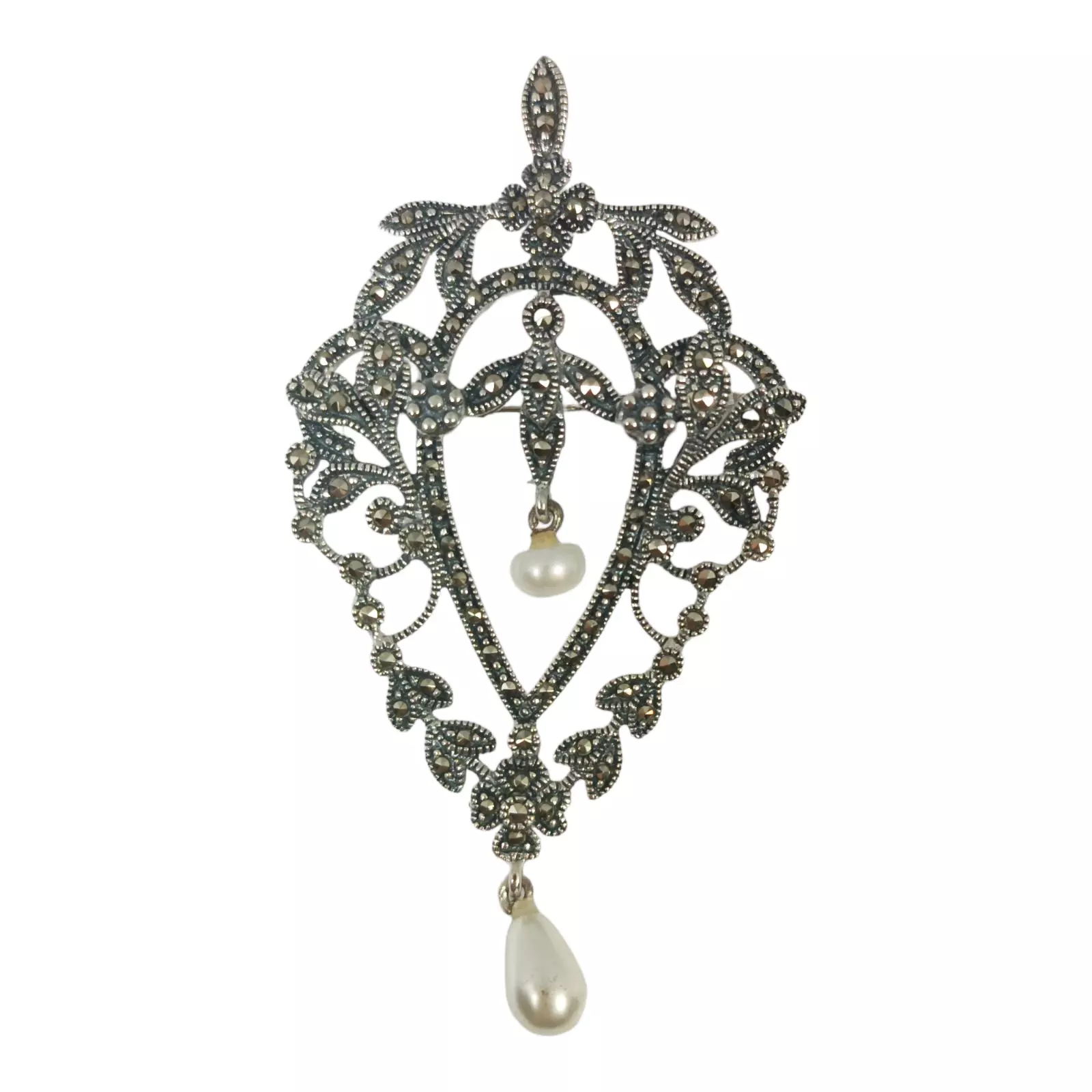 les trésors de lily Broche Argent 'Sappho' blanc marcassite argenté 70x38 mm [S0562]