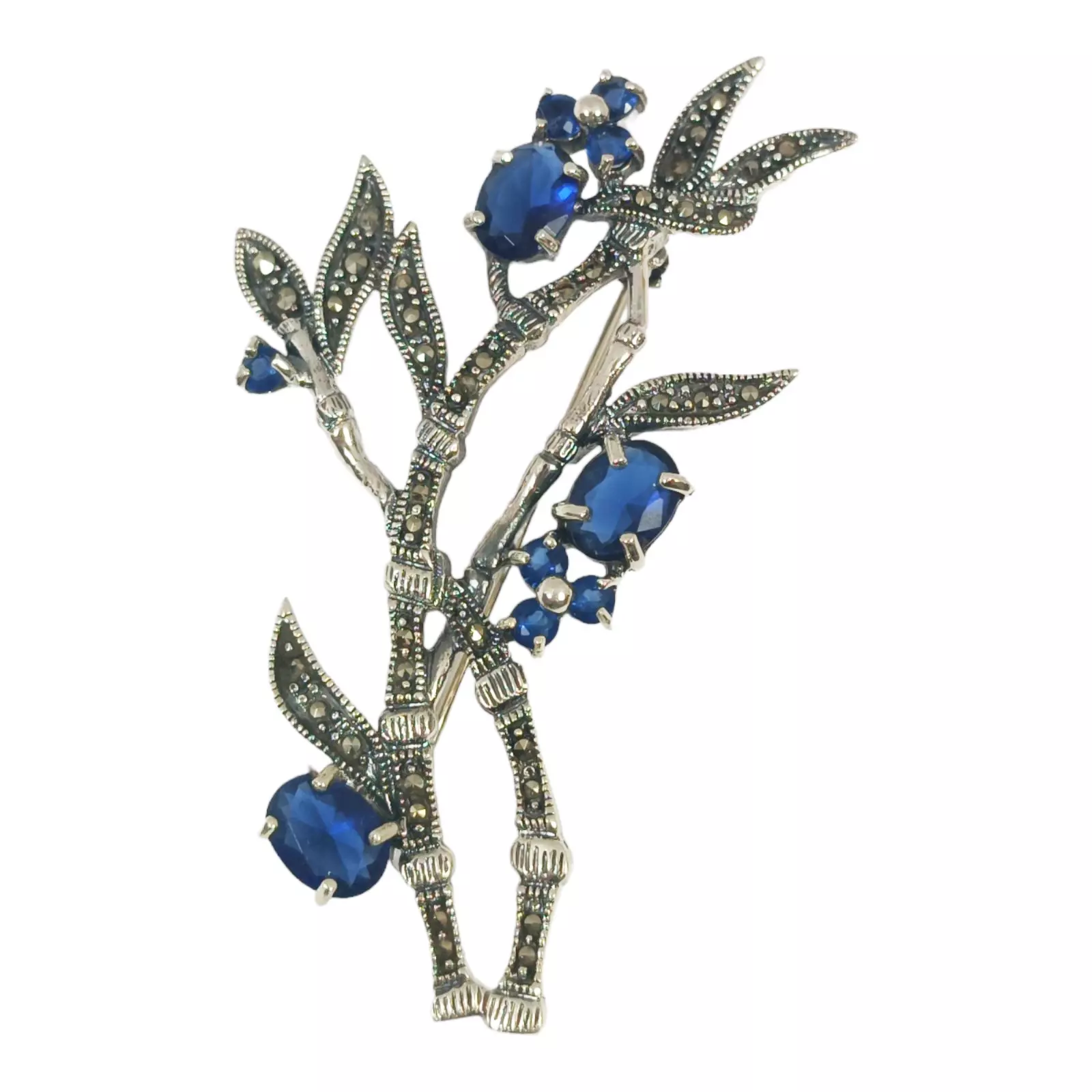 Les Trésors De Lily Broche Argent 'Sappho' Bleu Marcassite Argenté 65x35 Mm (bambou) [S0544]