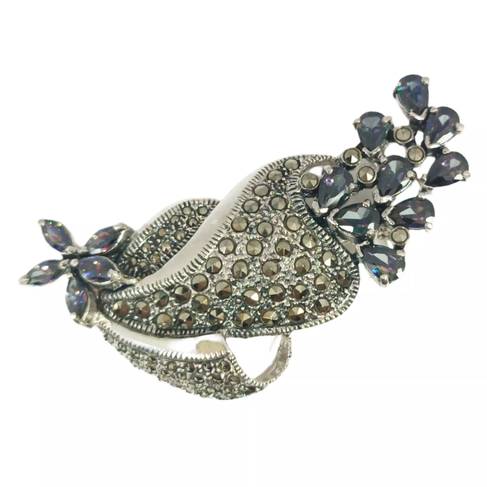 Les Trésors De Lily Broche Argent 'Sappho' Gris Bleu Marcassite Argenté 65x30 Mm (fleurs) [S0545]