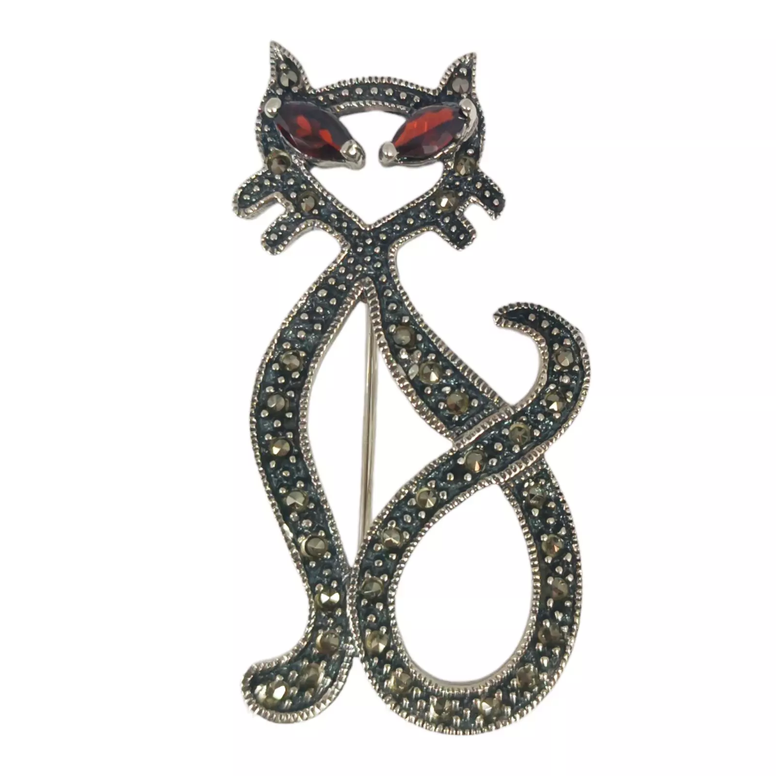 les trésors de lily Broche Argent 'Sappho' rouge gris marcassite (chat) 45x25 mm [S0557]