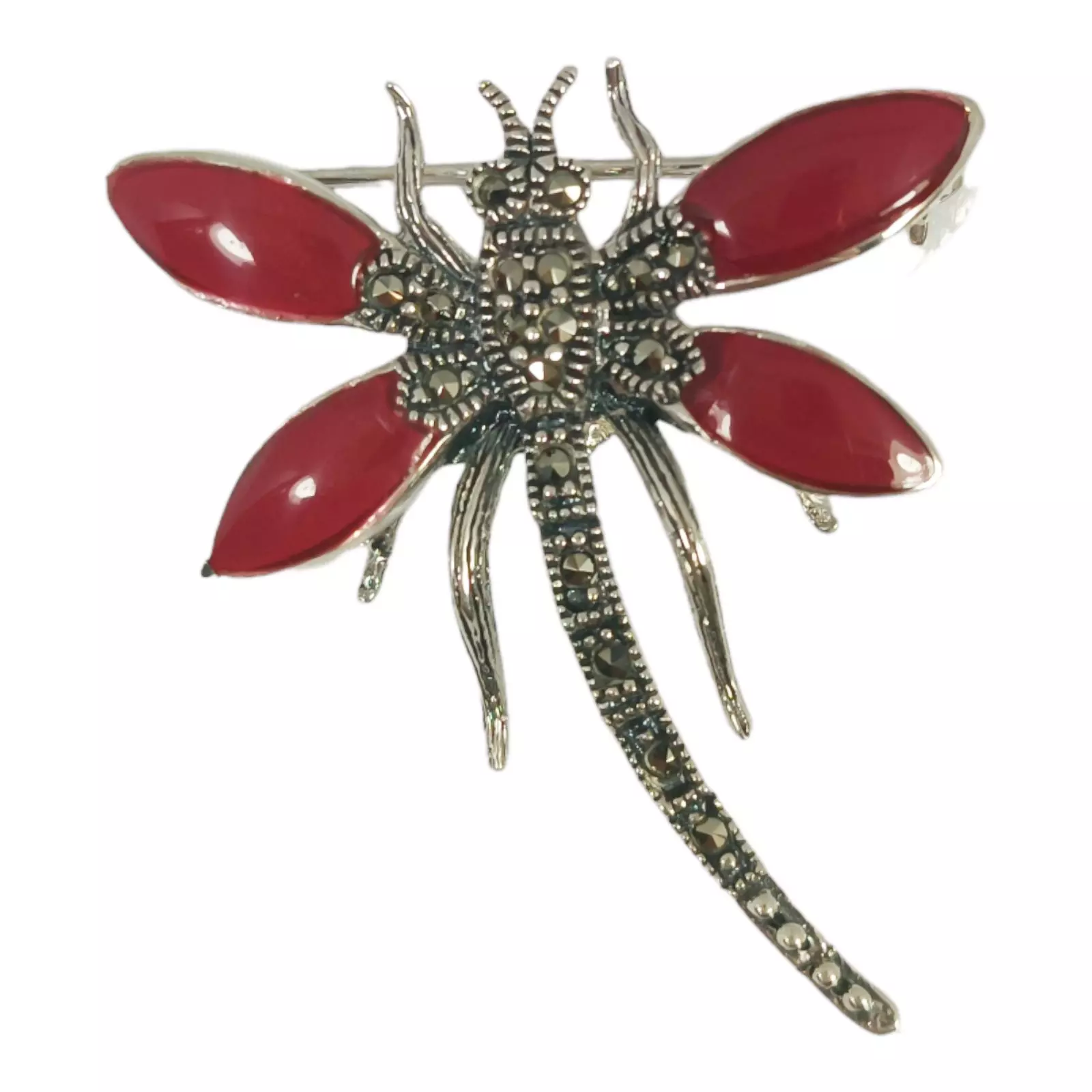les trésors de lily Broche Argent 'Sappho' rouge gris marcassite (libellule) 35x30 mm [S0559]