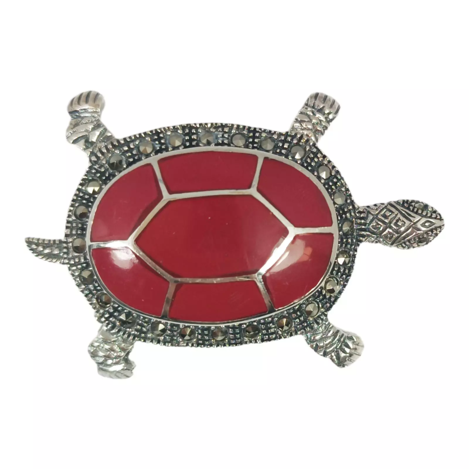 les trésors de lily Broche Argent 'Sappho' rouge gris marcassite (tortue) 45x30 mm [S0561]