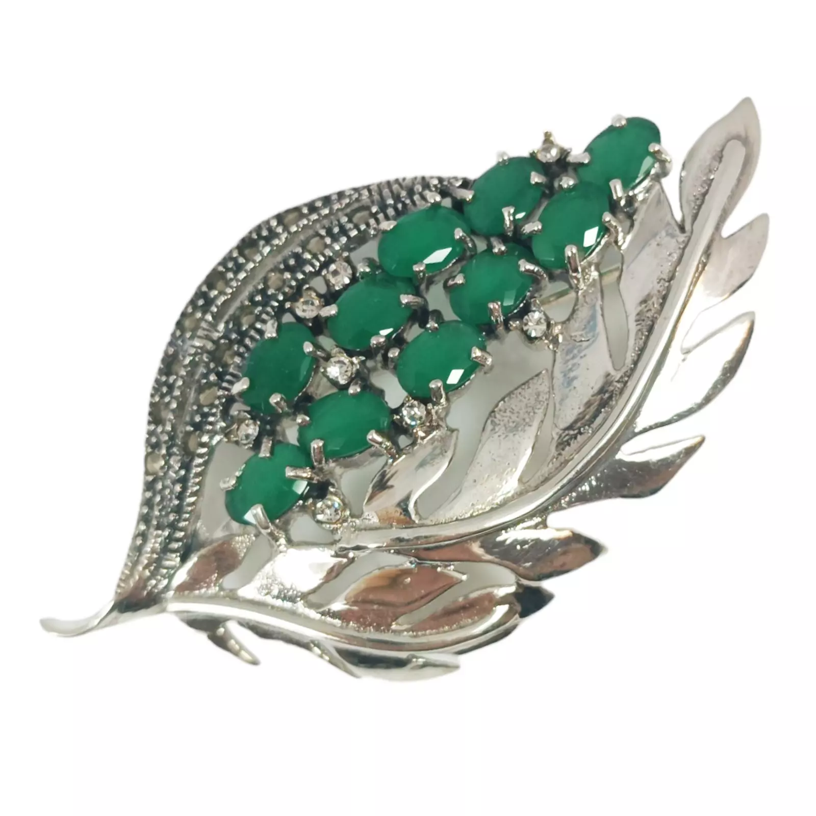 les trésors de lily Broche Argent 'Sappho' vert marcassite argenté 65x30 mm (fleurs) [S0546]